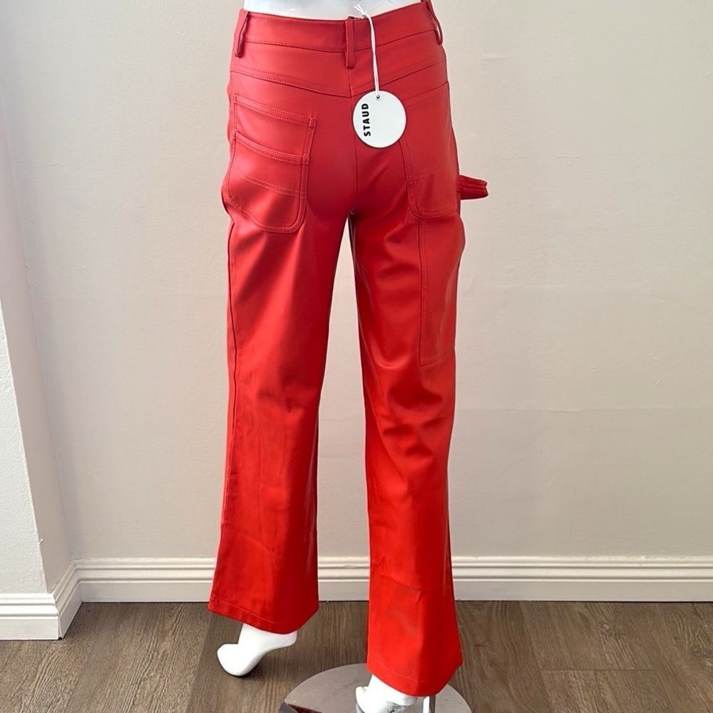 STAUD Cherry Red Vegan Leather Domino Carpenter Pocket Wide Leg Pants Holiday - Picture 3 of 9